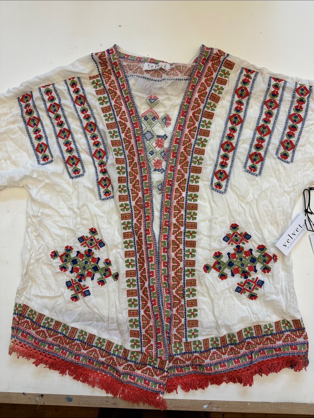 Velvet White Embroidered Boho Top with Red & Blue Accents